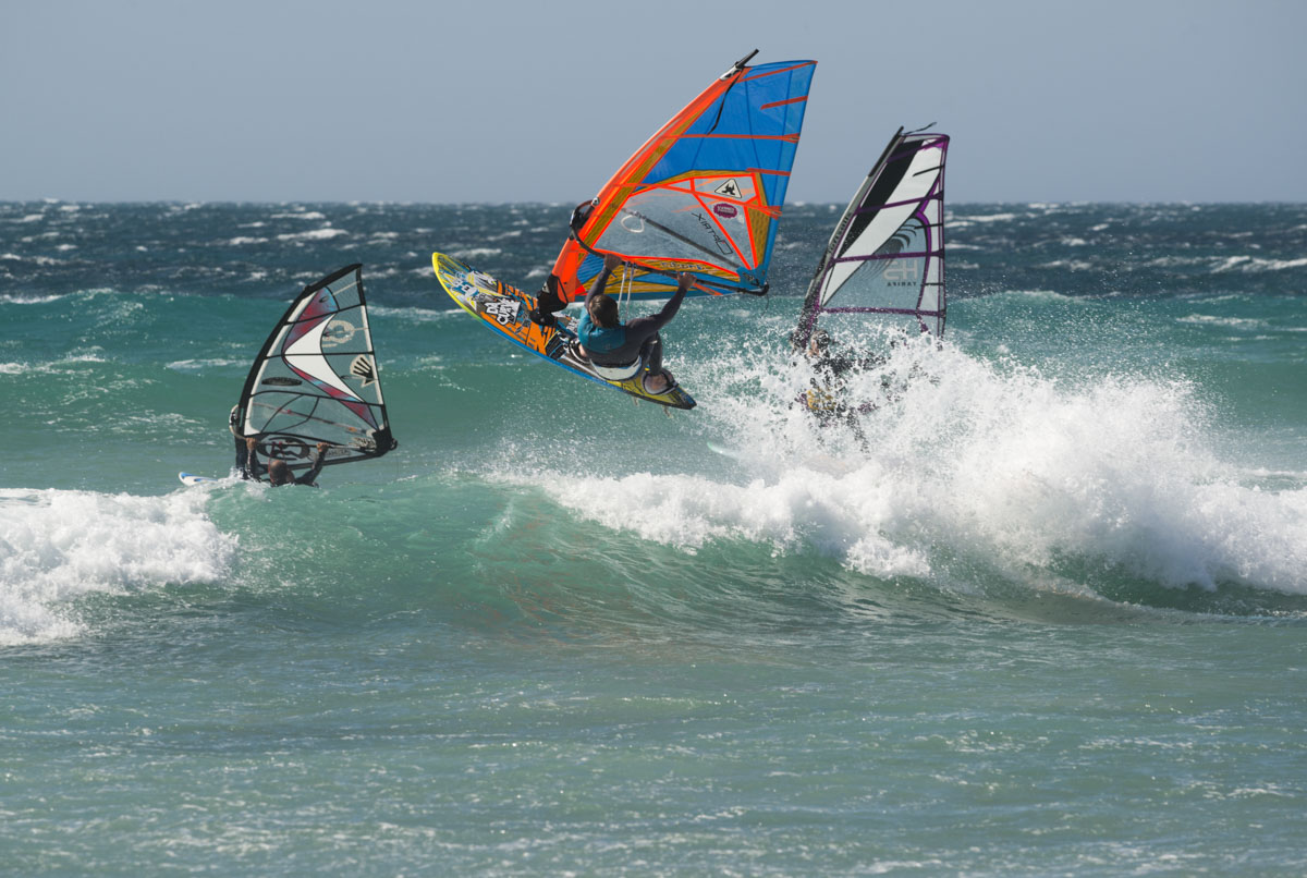 Windsurfing action. Tarifa, Costa de la Luz, Cadiz, Andalusia, Southern Spain, Europe.